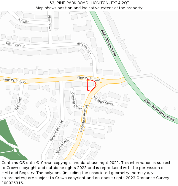 53, PINE PARK ROAD, HONITON, EX14 2QT: Location map and indicative extent of plot