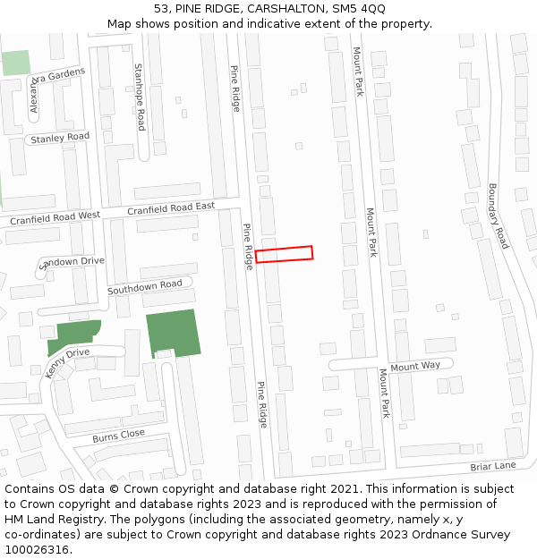 53, PINE RIDGE, CARSHALTON, SM5 4QQ: Location map and indicative extent of plot