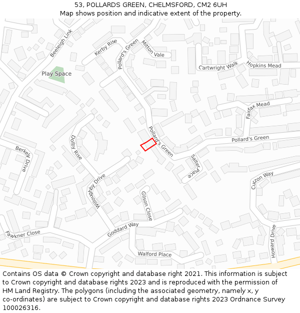 53, POLLARDS GREEN, CHELMSFORD, CM2 6UH: Location map and indicative extent of plot