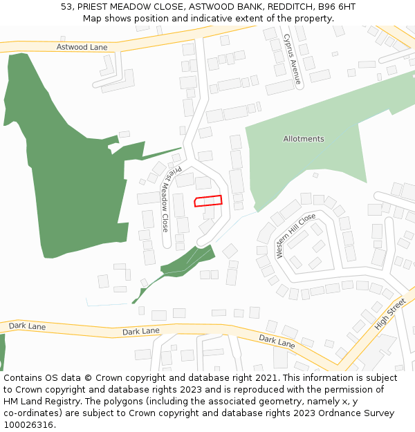 53, PRIEST MEADOW CLOSE, ASTWOOD BANK, REDDITCH, B96 6HT: Location map and indicative extent of plot