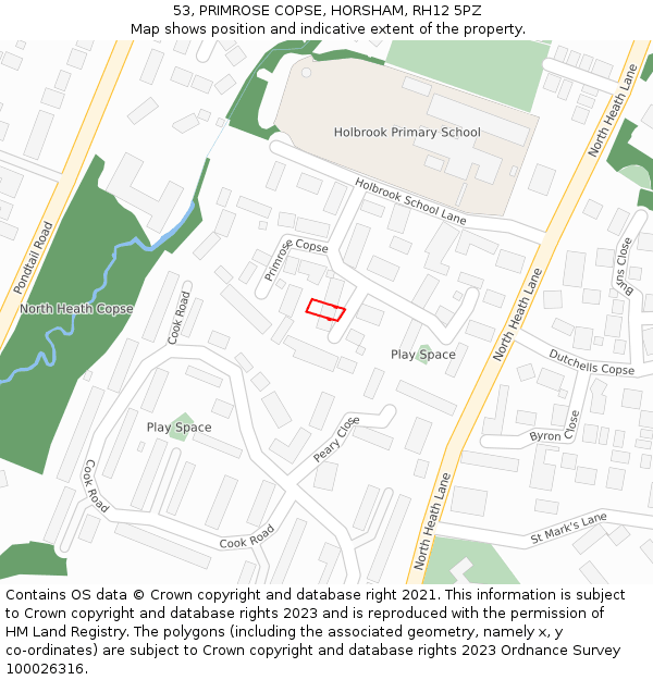 53, PRIMROSE COPSE, HORSHAM, RH12 5PZ: Location map and indicative extent of plot