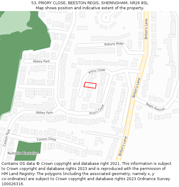 53, PRIORY CLOSE, BEESTON REGIS, SHERINGHAM, NR26 8SL: Location map and indicative extent of plot