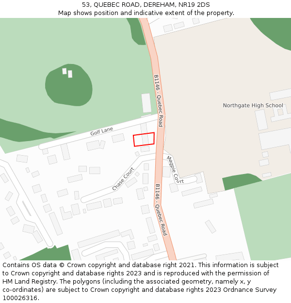 53, QUEBEC ROAD, DEREHAM, NR19 2DS: Location map and indicative extent of plot