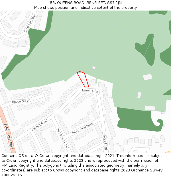 53, QUEENS ROAD, BENFLEET, SS7 1JN: Location map and indicative extent of plot