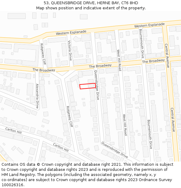 53, QUEENSBRIDGE DRIVE, HERNE BAY, CT6 8HD: Location map and indicative extent of plot