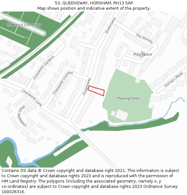 53, QUEENSWAY, HORSHAM, RH13 5AP: Location map and indicative extent of plot