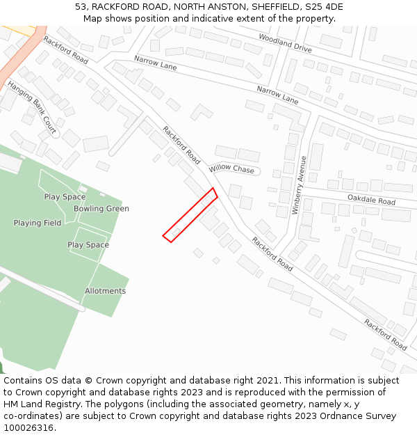53, RACKFORD ROAD, NORTH ANSTON, SHEFFIELD, S25 4DE: Location map and indicative extent of plot