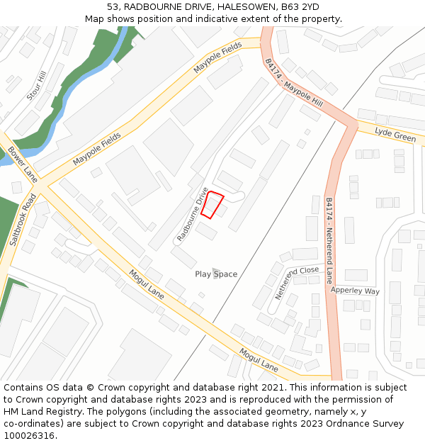 53, RADBOURNE DRIVE, HALESOWEN, B63 2YD: Location map and indicative extent of plot