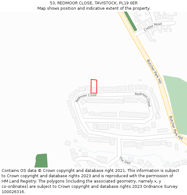 53, REDMOOR CLOSE, TAVISTOCK, PL19 0ER: Location map and indicative extent of plot