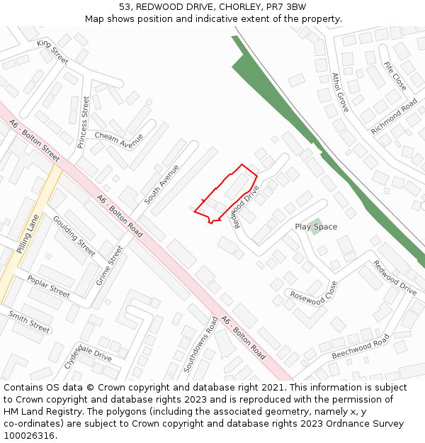 53, REDWOOD DRIVE, CHORLEY, PR7 3BW: Location map and indicative extent of plot