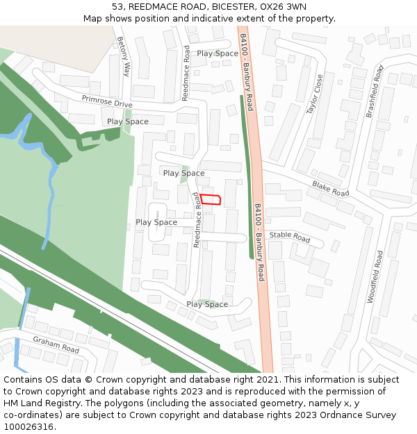 53, REEDMACE ROAD, BICESTER, OX26 3WN: Location map and indicative extent of plot