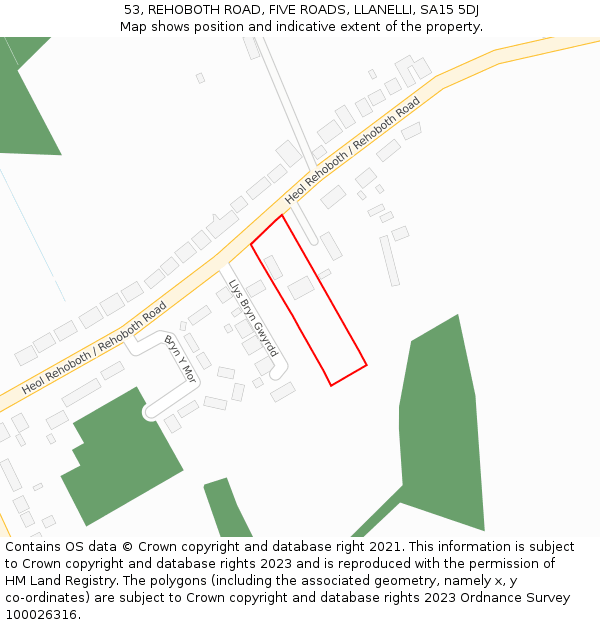 53, REHOBOTH ROAD, FIVE ROADS, LLANELLI, SA15 5DJ: Location map and indicative extent of plot