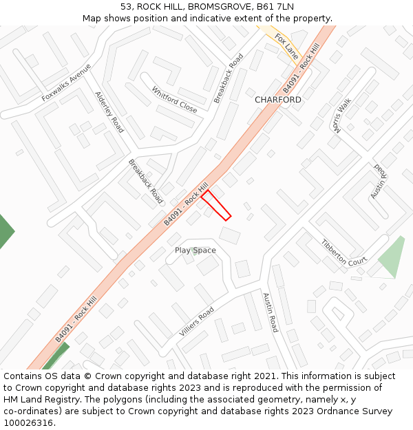 53, ROCK HILL, BROMSGROVE, B61 7LN: Location map and indicative extent of plot