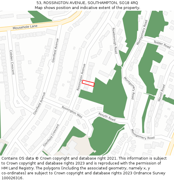 53, ROSSINGTON AVENUE, SOUTHAMPTON, SO18 4RQ: Location map and indicative extent of plot