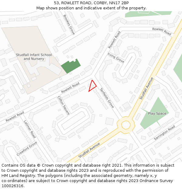 53, ROWLETT ROAD, CORBY, NN17 2BP: Location map and indicative extent of plot