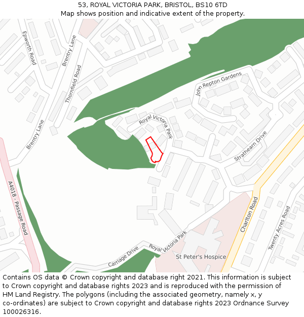 53, ROYAL VICTORIA PARK, BRISTOL, BS10 6TD: Location map and indicative extent of plot