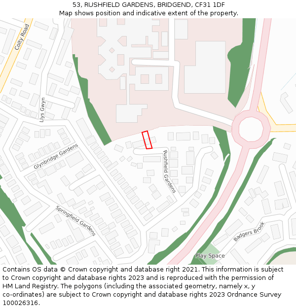 53, RUSHFIELD GARDENS, BRIDGEND, CF31 1DF: Location map and indicative extent of plot