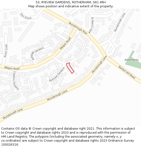 53, RYEVIEW GARDENS, ROTHERHAM, S61 4RH: Location map and indicative extent of plot