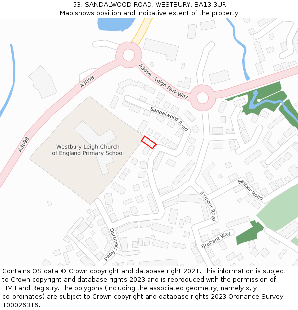 53, SANDALWOOD ROAD, WESTBURY, BA13 3UR: Location map and indicative extent of plot