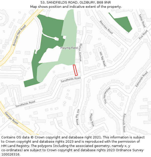 53, SANDFIELDS ROAD, OLDBURY, B68 9NR: Location map and indicative extent of plot