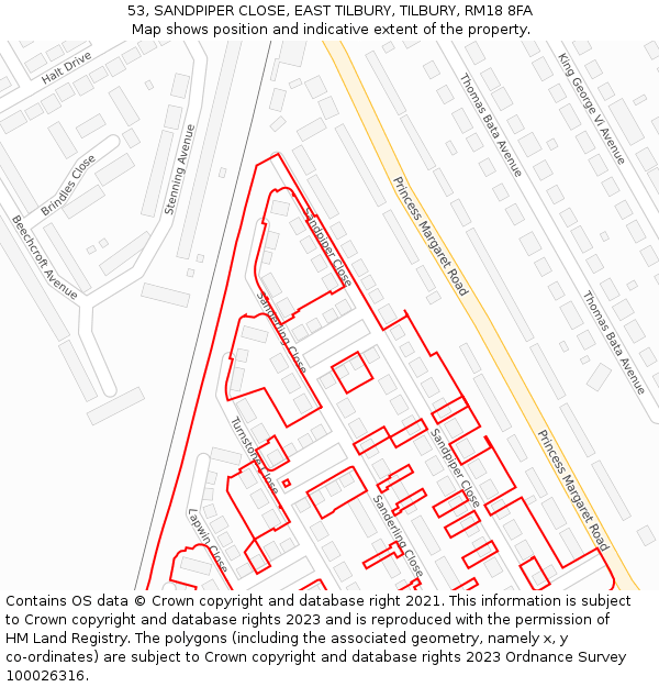 53, SANDPIPER CLOSE, EAST TILBURY, TILBURY, RM18 8FA: Location map and indicative extent of plot