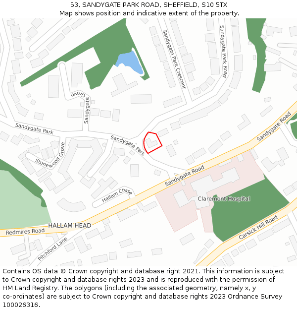 53, SANDYGATE PARK ROAD, SHEFFIELD, S10 5TX: Location map and indicative extent of plot