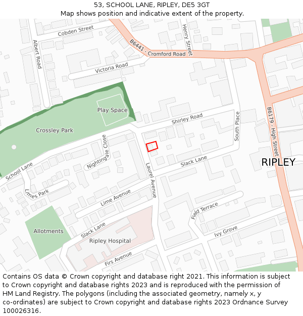 53, SCHOOL LANE, RIPLEY, DE5 3GT: Location map and indicative extent of plot
