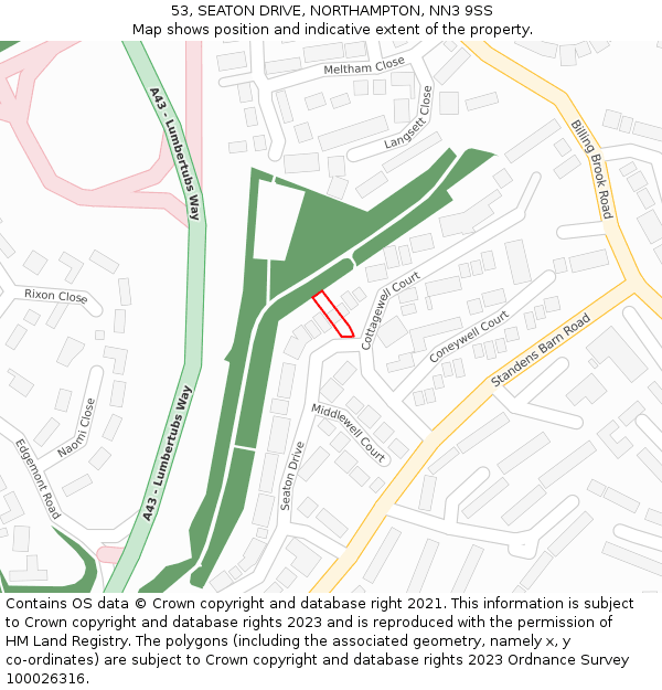 53, SEATON DRIVE, NORTHAMPTON, NN3 9SS: Location map and indicative extent of plot