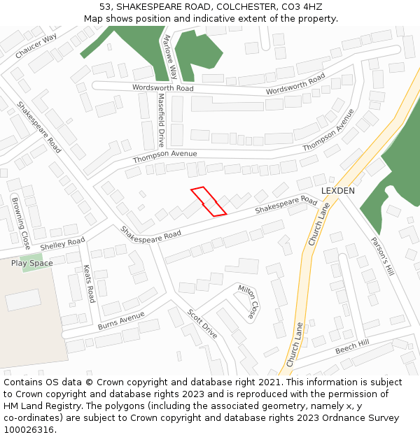 53, SHAKESPEARE ROAD, COLCHESTER, CO3 4HZ: Location map and indicative extent of plot