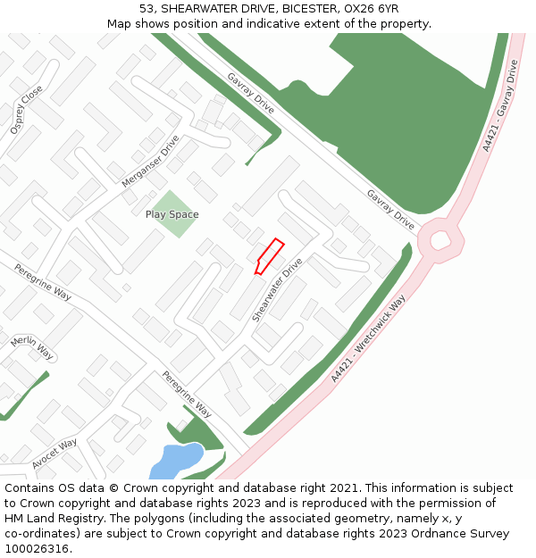 53, SHEARWATER DRIVE, BICESTER, OX26 6YR: Location map and indicative extent of plot