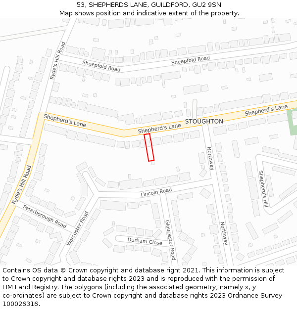 53, SHEPHERDS LANE, GUILDFORD, GU2 9SN: Location map and indicative extent of plot