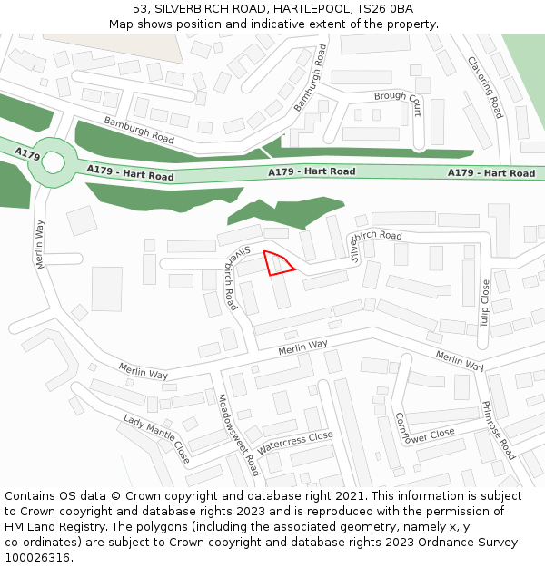 53, SILVERBIRCH ROAD, HARTLEPOOL, TS26 0BA: Location map and indicative extent of plot