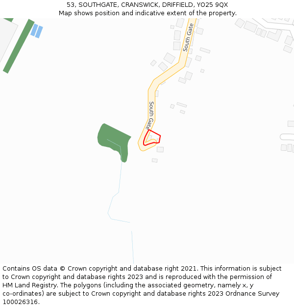53, SOUTHGATE, CRANSWICK, DRIFFIELD, YO25 9QX: Location map and indicative extent of plot