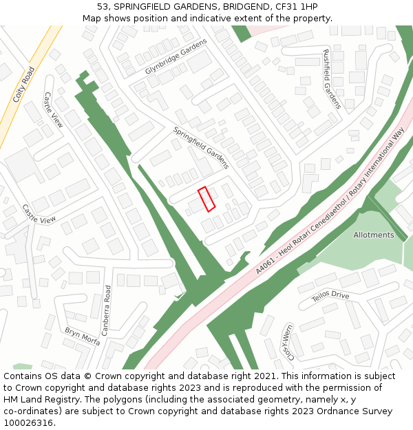 53, SPRINGFIELD GARDENS, BRIDGEND, CF31 1HP: Location map and indicative extent of plot