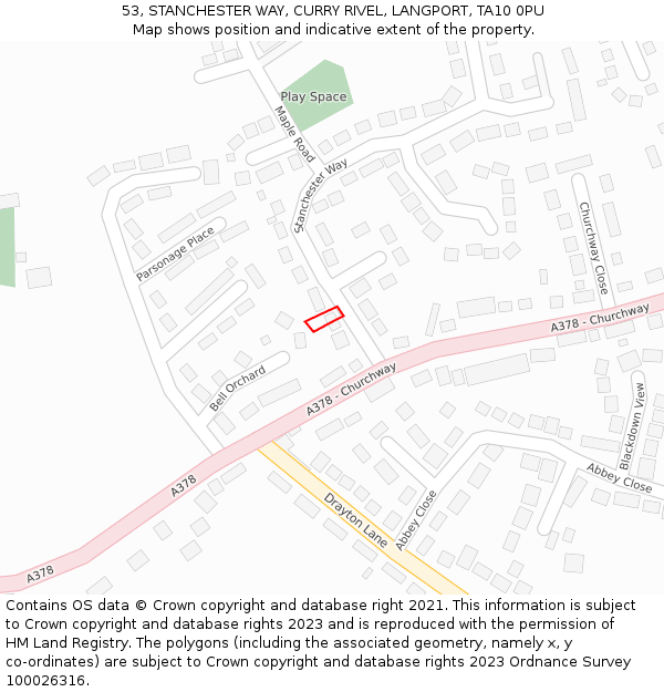 53, STANCHESTER WAY, CURRY RIVEL, LANGPORT, TA10 0PU: Location map and indicative extent of plot