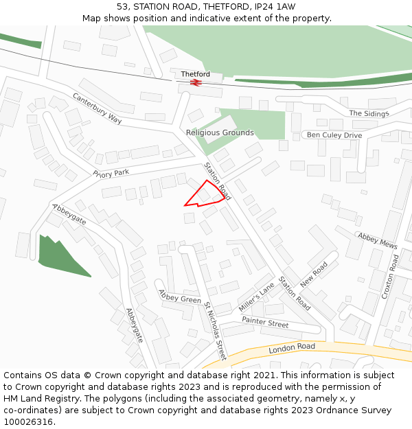 53, STATION ROAD, THETFORD, IP24 1AW: Location map and indicative extent of plot