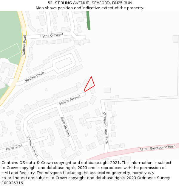 53, STIRLING AVENUE, SEAFORD, BN25 3UN: Location map and indicative extent of plot