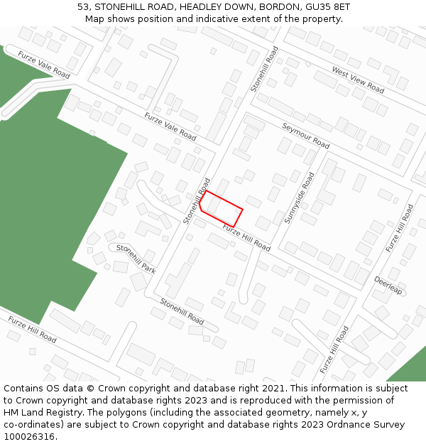 53, STONEHILL ROAD, HEADLEY DOWN, BORDON, GU35 8ET: Location map and indicative extent of plot