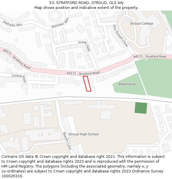 53, STRATFORD ROAD, STROUD, GL5 4AJ: Location map and indicative extent of plot