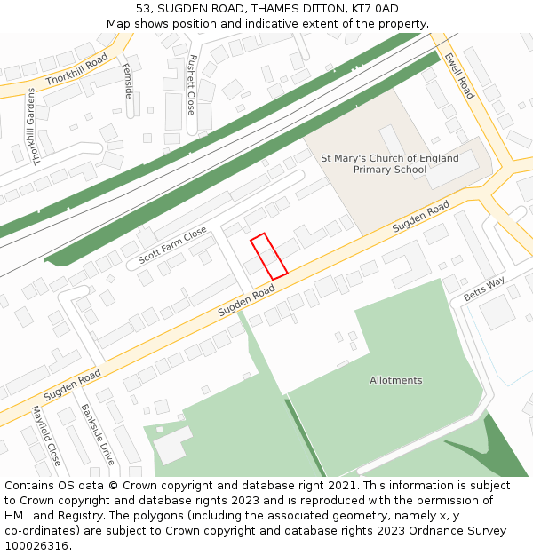 53, SUGDEN ROAD, THAMES DITTON, KT7 0AD: Location map and indicative extent of plot