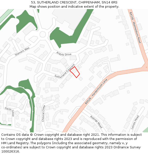 53, SUTHERLAND CRESCENT, CHIPPENHAM, SN14 6RS: Location map and indicative extent of plot