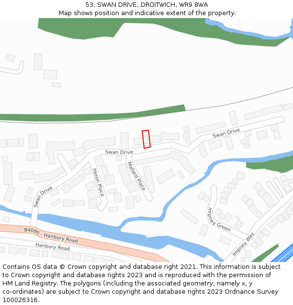 53, SWAN DRIVE, DROITWICH, WR9 8WA: Location map and indicative extent of plot