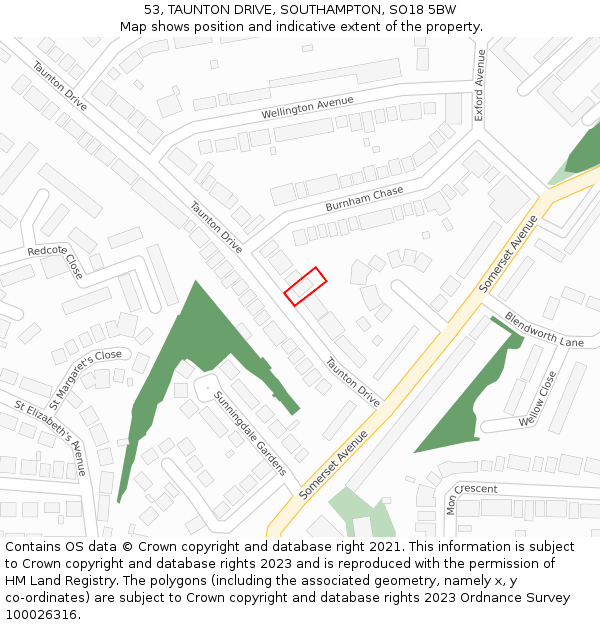 53, TAUNTON DRIVE, SOUTHAMPTON, SO18 5BW: Location map and indicative extent of plot