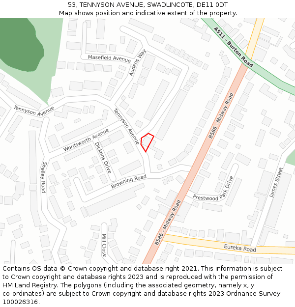 53, TENNYSON AVENUE, SWADLINCOTE, DE11 0DT: Location map and indicative extent of plot