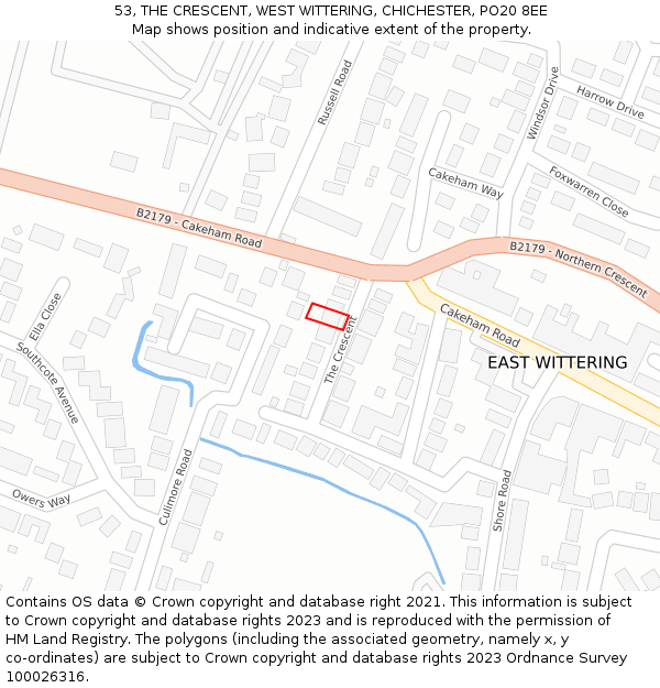 53, THE CRESCENT, WEST WITTERING, CHICHESTER, PO20 8EE: Location map and indicative extent of plot