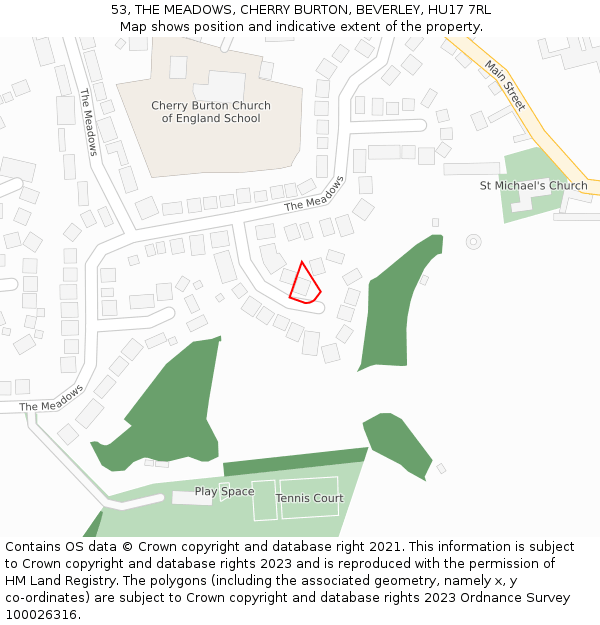 53, THE MEADOWS, CHERRY BURTON, BEVERLEY, HU17 7RL: Location map and indicative extent of plot