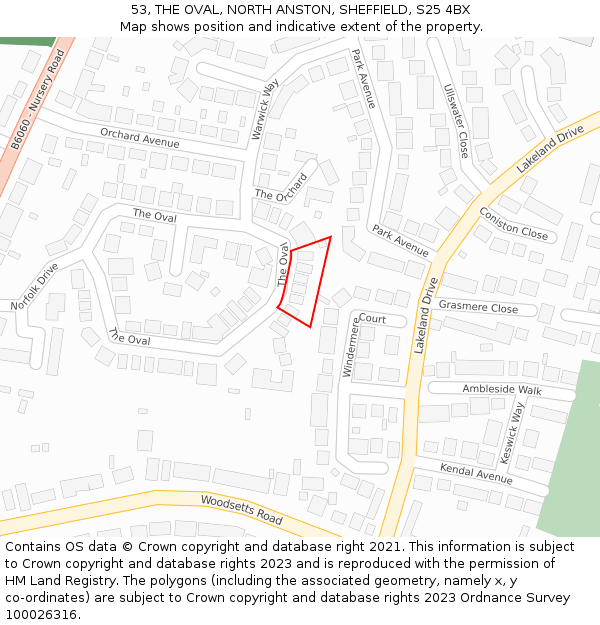 53, THE OVAL, NORTH ANSTON, SHEFFIELD, S25 4BX: Location map and indicative extent of plot