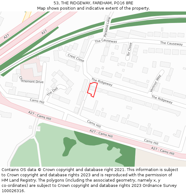 53, THE RIDGEWAY, FAREHAM, PO16 8RE: Location map and indicative extent of plot