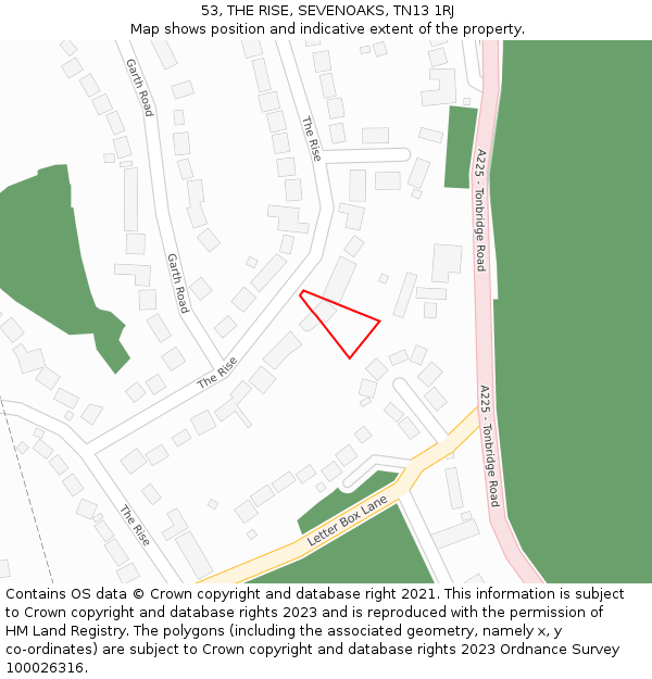 53, THE RISE, SEVENOAKS, TN13 1RJ: Location map and indicative extent of plot