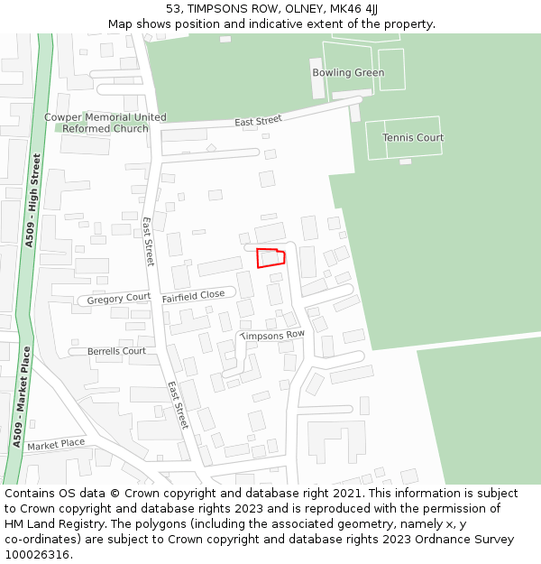 53, TIMPSONS ROW, OLNEY, MK46 4JJ: Location map and indicative extent of plot